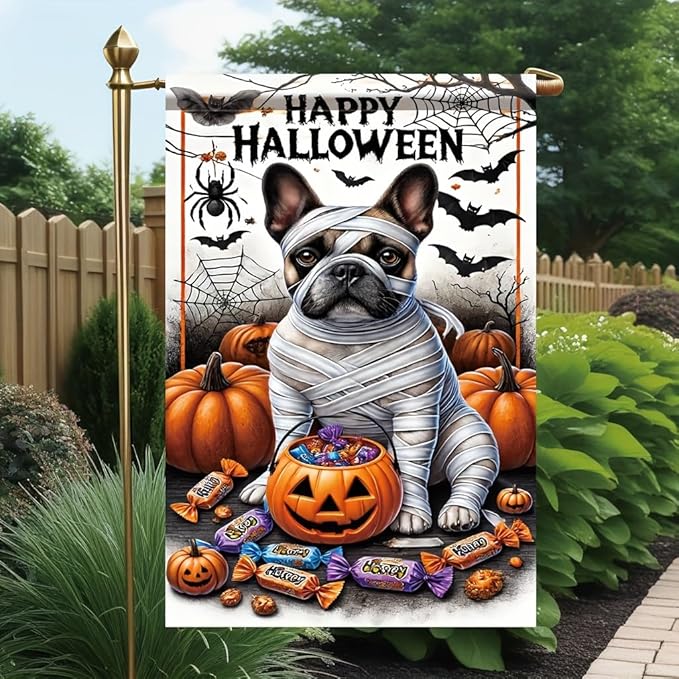 Halloween Garden Flag Mummy Dog Pumpkin Candy 12x18 inch Double Sided OutdoorYard Banner for Trick or Treat Haunted House Spooky Small Cute Holiday Decoration Decor