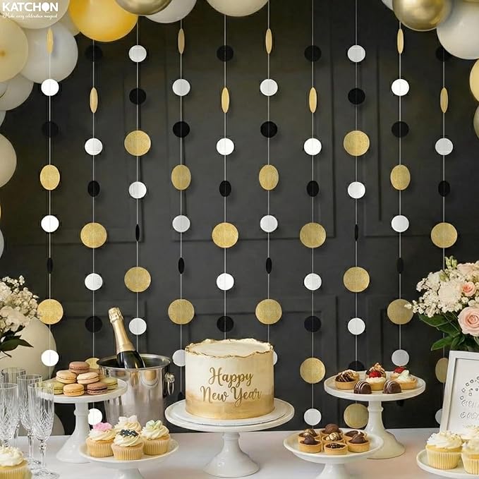 KatchOn, Circle Dots Gold Paper Garland - 65 Feet, Pack of 5 | Birthday Garland for Gold Birthday Decorations | Hanging Decorations for Baby Shower, Bridal Shower, Bachelorette | New Year Decorations