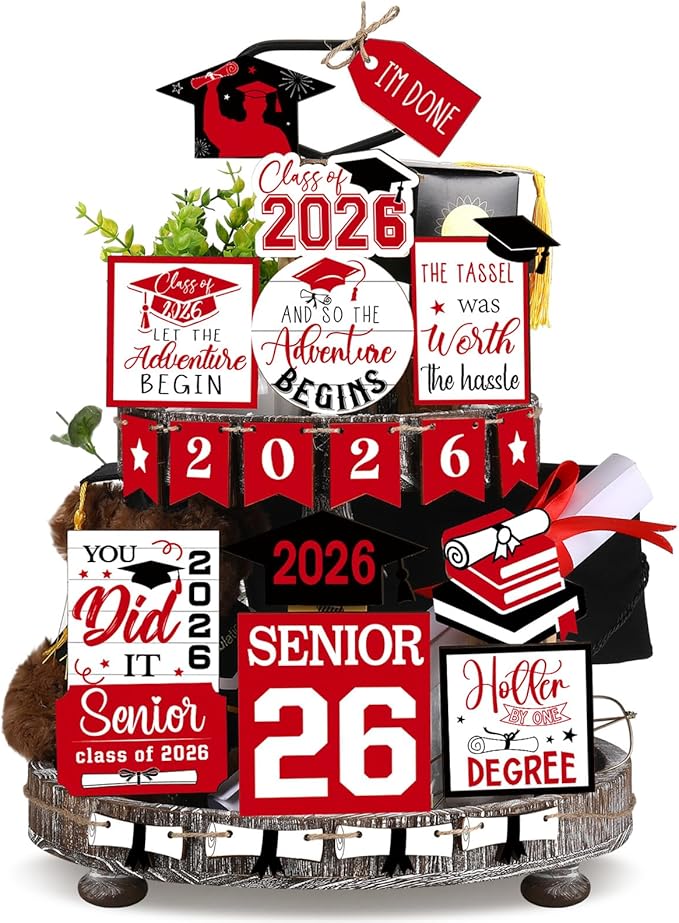 22 Pcs 2026 Graduation Tiered Tray Decor Sets Wooden Graduation Class of 2026 Table Decorations Senior 2026 Gown Diploma Farmhouse Signs for Home Shelf Party Office Desk(Red)