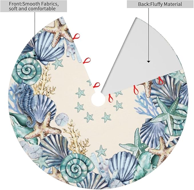 Shell Coastal Wreath Beach Starfish Sea Theme Seahorses Christmas Tree Skirt Xmas Tree Mat Halloween Christmas Tree Ornaments Decorations Holiday Party Indoor Outdoor 48"