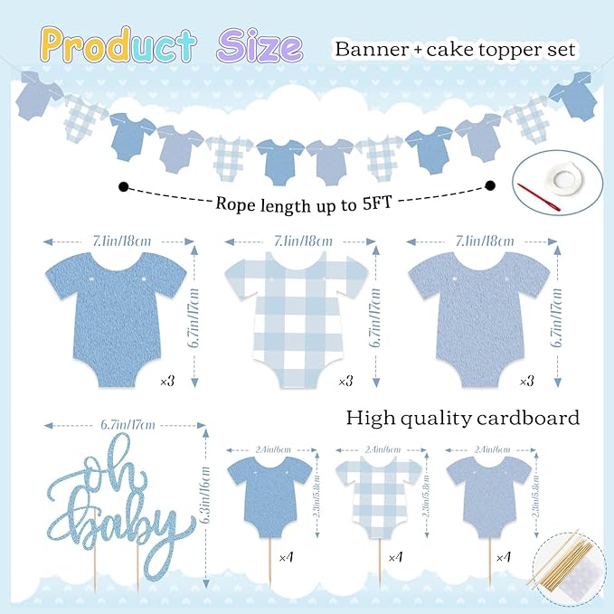2 Pack Boy Blue Bodysuit Banner,1Pcs Blue Glitter Cake Toppers,12 Pcs Cupcake Toppers Happy Birthday Decoration Kit-Bodysuit Theme Kit Party Decoration Baby Shower Party Supplies Decor for Baby Shower
