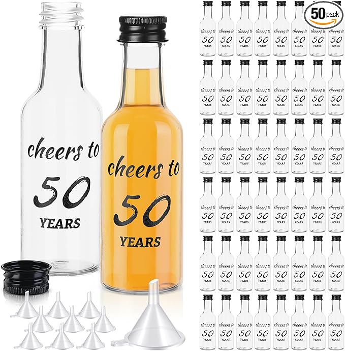 Bokon 50 Pcs Cheers to 50 Years Mini Liquor Bottles 1.7 oz Mini Wine Bottles for Guests Women Men 50th Birthday Anniversary Wedding Celebration Party Favors