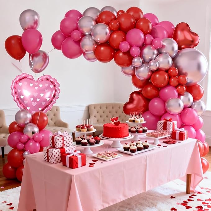 Valentines Day Balloons Arch Kit, Hot Pink Red Metallic Pink Blloons with Heart Foil Balloon for Valentines Day Decorations Wedding Engagement Anniversary Supplies