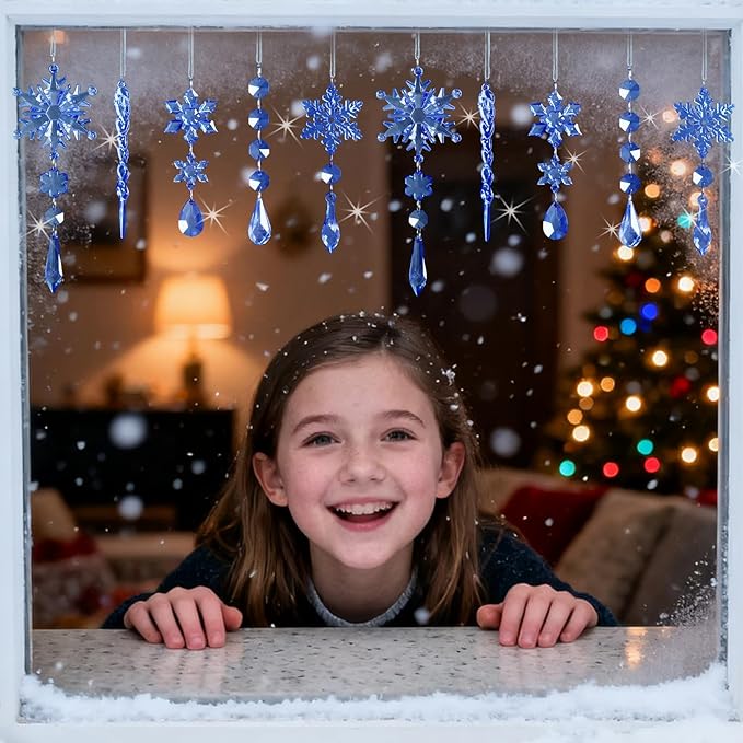 18pcs Crystal Christmas Ornaments for Christmas Tree Decorations-Royal Blue Hanging Acrylic Snowflake and Icicle Ornaments with Drop Pendants for New Year Party Decorations Supplies