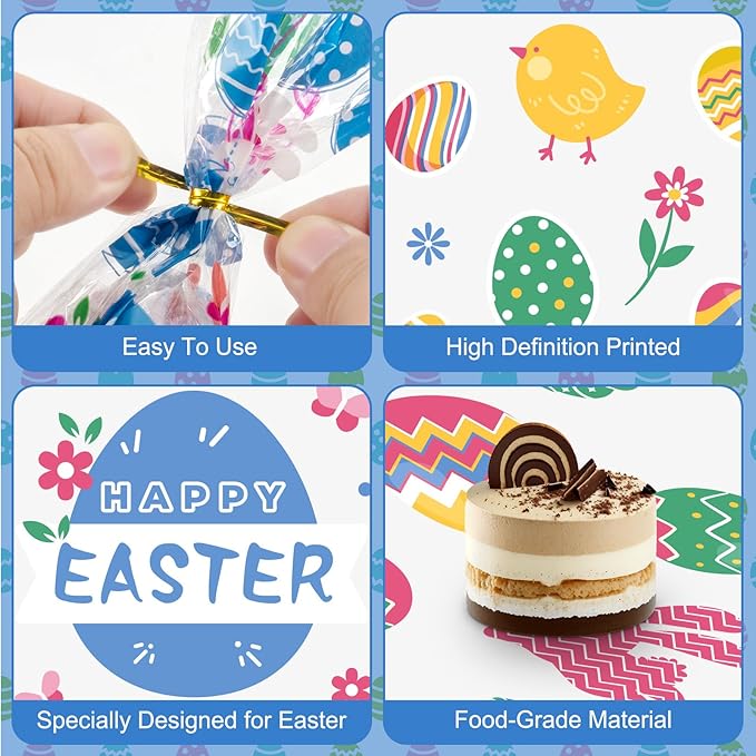 100 Pcs Easter Treat Bags - Happy Easter Gift Bag, Easters Eggs Plastic Cellophane Bag, Clear Colorful Easters Bunny Goodie Candy Favor Bags with Gold Twist Ties for Easte Party Favors Supplies