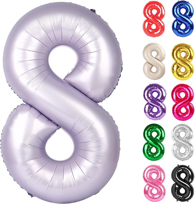 Lilac Number 8 Balloon 40 Inch, Lavender 8 Balloon Number, 8th Birthday Decorations, Lilac Mauve Party Supplies for Boys Girls