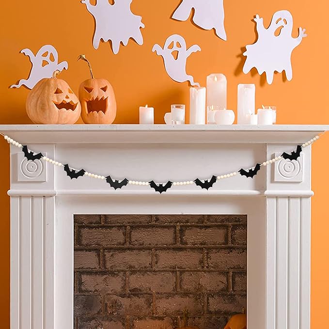 DAZONGE Halloween Decorations Indoor/Outdoor, Wood Felt Bats Bead Garland Banner for Halloween Decor, Farmhouse Bats Garland Decorations for Fireplace Mantle Walls