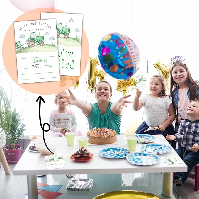 Farmyard Green Tractor Birthday Party Invitation Cards for Boys Girls, Start Your Tractor Birthday Celebration Party Invite Cards Supplies, 20 Double-Sided Fill In Invites With Envelopes -02