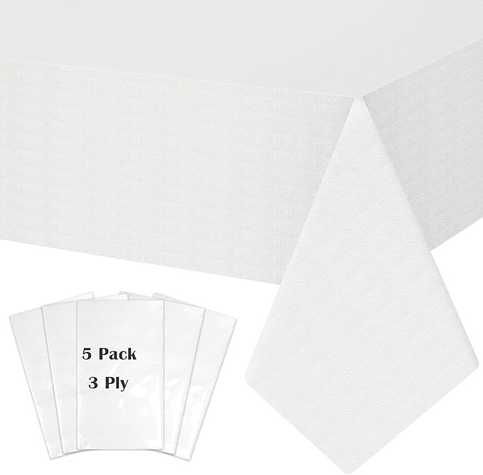 Disposable Table Cloth for Rectangle Tables 5 Pack, 54'' x 108'' White Paper Tablecloths for 3-9 Ft Tables, Paper & Plastic Party Table Cover for Outdoor, Birthday, Wedding, Banquet