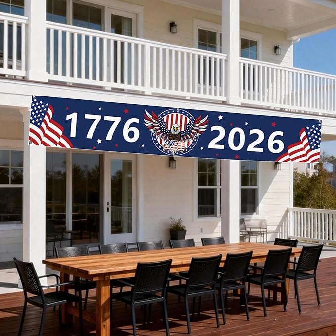 250 Year Anniversary USA Banner Flag 2x10 Ft, 4th of July Decorations 1776-2026 Freedom 250 Years Birthday Patriotic Party Supplies Decorations for Outdoor, Indoor,Garden, Porch (BLUE B)