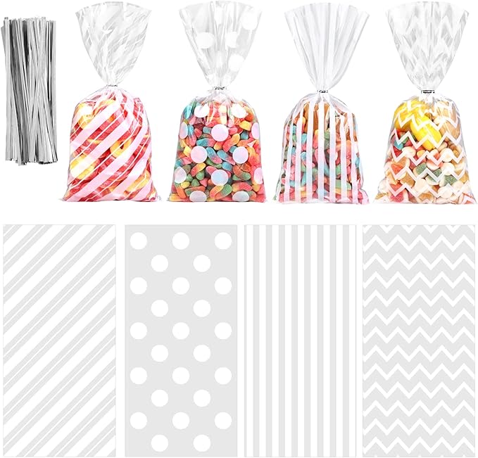 Aneco 100 Pack White Cellophane Plastic 10.6 x 5.1 Inch Candy Gift Goodie with Twist Ties for Valentine, Birthday, Gift Cookie Snack Packing Party Favor Supplies