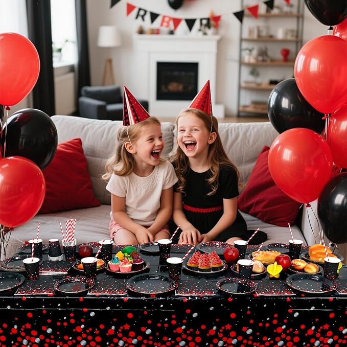 KEFAN Red Black Birthday Party Decorations, Red Black Theme Party Tableware Supplies including Plates, Cups, Napkins, Tablecloth (20)