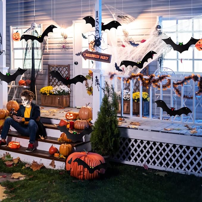 YUJUN Halloween Hanging Bats 12 Pieces 3D Realistic Scary Large Fake Black Hanging Flying Bat Spooky for Yard Sign Outdoor Indoor Lawn Decorations(3 Style)
