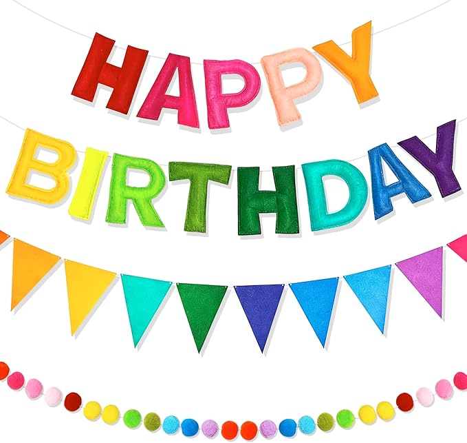 Pre-Strung 3PCS Happy Birthday Banner, 3D Rainbow Felt Happy Birthday Banner, Pom Pom Garland & Fabric Bunting, Rainbow birthday decorations, Happy Birthday Sign for Girls, Boys, Women & Men