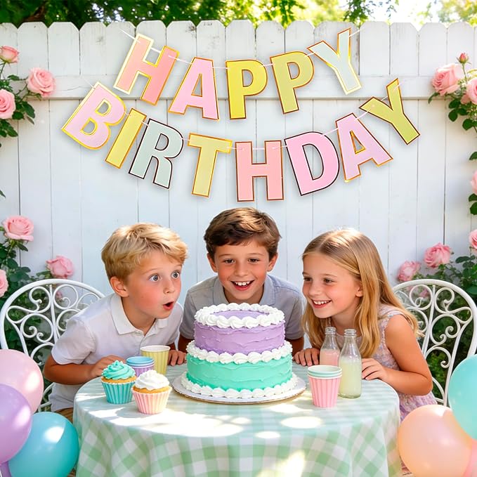 MEETINGU Rainbow Happy Birthday Banner, Colour Rainbow Birthday Party Decorations Color Birthday Sign Colour Happy Birthday Decorations Birthday Party Supplies for Boys Girls Kids Baby Adults (Macaron)