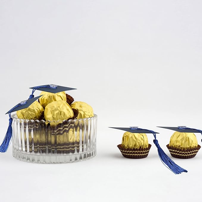 Gyufise 36Pcs 2026 Graduation Cap Cupcake Toppers with Tassel Adhesive Dots Chocolate Decorations Class of 2026 Congrats Grad Cap Cupcake Decorations for 2026 Graduation Theme Party Supplies Blue