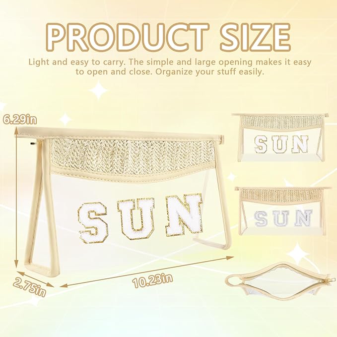 Iqimott Clear Patch Sun Bag Makeup Letter Bag, Boho Preppy Letter Bags for Beach Swim, Waterproof Zipper Make up Bags Toiletry Pouch for Women Girls, Clear Organizer Pouch for Travel(Sun, Beige)