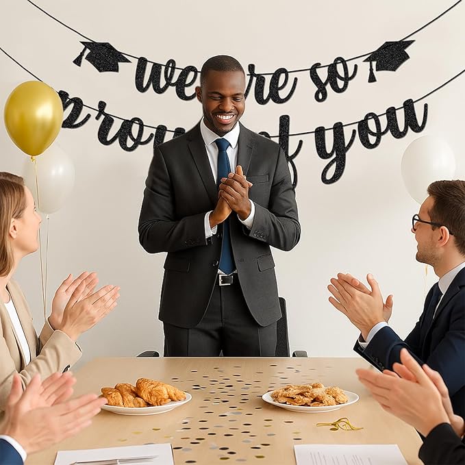 We Are So Proud of You Banner – Black Glitter Graduation Decorations 2026, Pre-Strung Congrats Grad Banner for College, High School, Senior Party, No Assembly Required, Class of 2026 Decor