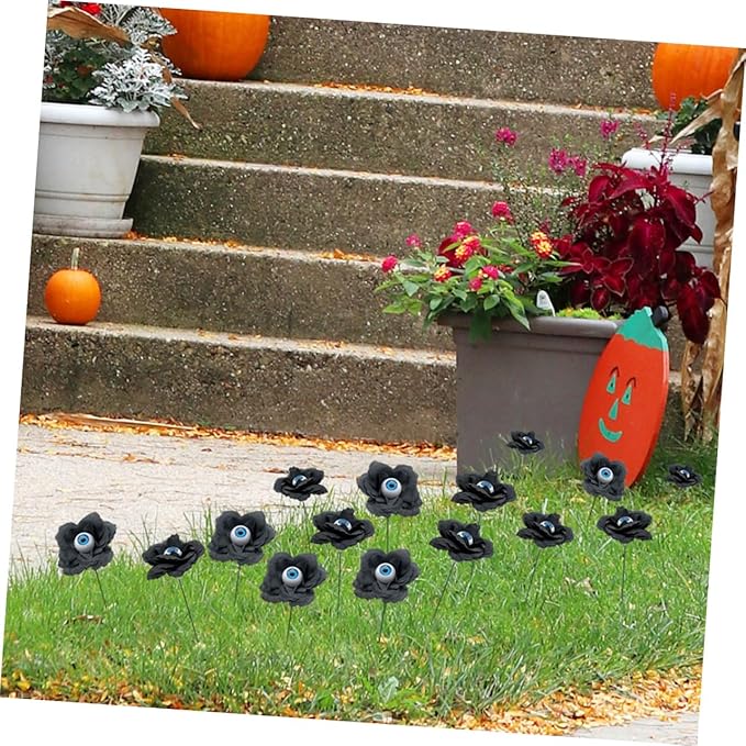 balacoo Halloween Yard Decorations 4pcs Black Rose Sign Stakes Eyeball Flowers Outdoor Decor