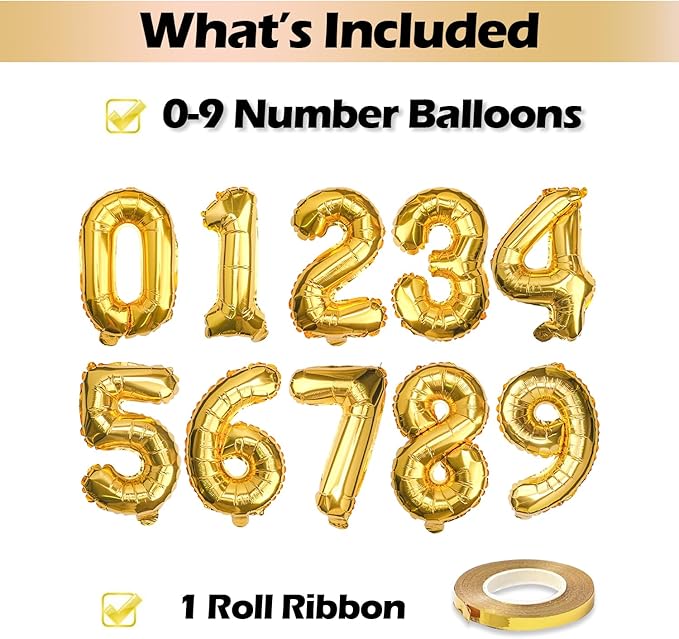 [10] 16" Number Gold Foil Balloons 0-9 set, Mylar Aluminum Hanging Numbers for Graduation Birthday Party Decorations Christmas New Year eve (10 Pcs)