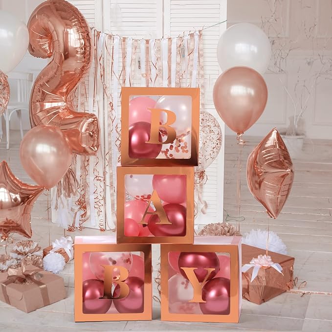 Baby Boxes with Letters for Baby Shower, 4 Transparent Balloon Boxes for Gender Reveal, Wedding, Birthday Decorations (Rose Gold)