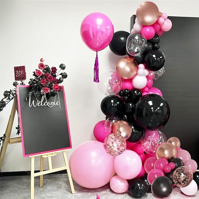 Hot Pink Black and Gold Balloon Arch Kit, 141Pcs Rose Red Black Dusty Rose Gold Metallic Pastel Pink White Balloons for Birthday Wedding Bachelorette Gender Reveal Anniversary
