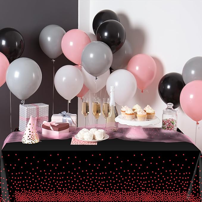 12 Pack Red and Black Dot Plastic Tablecloth, Red Stamping Dot Confetti Rectangle Plastic Disposable Table Cover for Birthday Wedding Baby Shower Engagement Anniversary Party Decorations, 54 x 108Inch