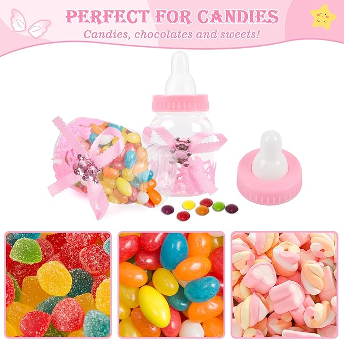MACTING 2 Dozens 3.5 Inch Feeding Bottle Candy Box with 5 Pcs Artificial Flower Rose for Baby Shower Favor Gift Decoration (Pink)