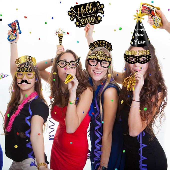 MOVINPE 2026 New Years Eve Party Supplies Set Serve 12, Happy New Year Party Cone Hats, Tiaras, Inflatable Fireworks Gun, Photo Booth Props, Squawkers, Blowouts, Eve Party Favors for Kids Adults