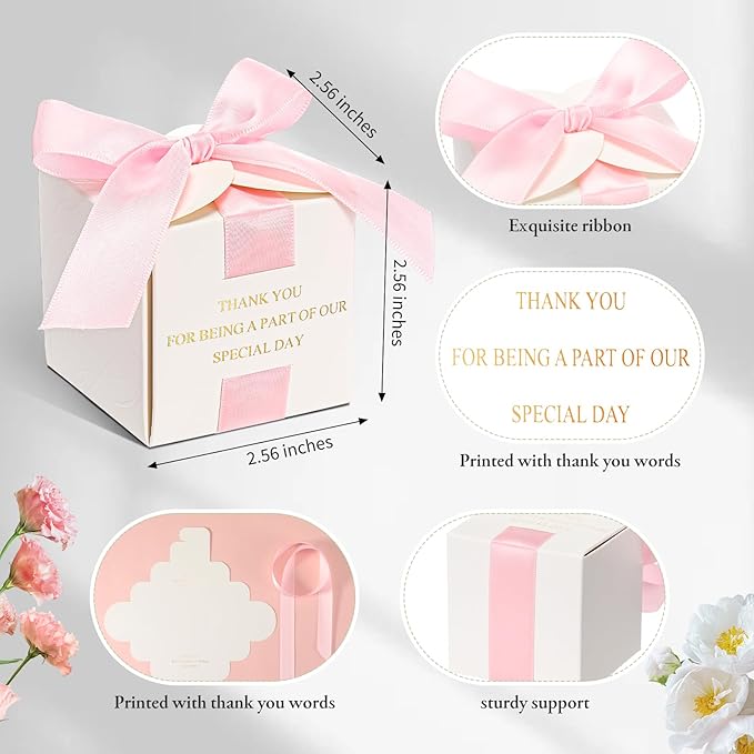 Marspark 50 Pcs Wedding Favor Boxes, 2.5 x 2.5 x 2.5 Inch Wedding Party Candy Boxes with Ribbons Bridal Gift for Guests Bridal Shower Birthday Party Anniversary Supplies(Pink)