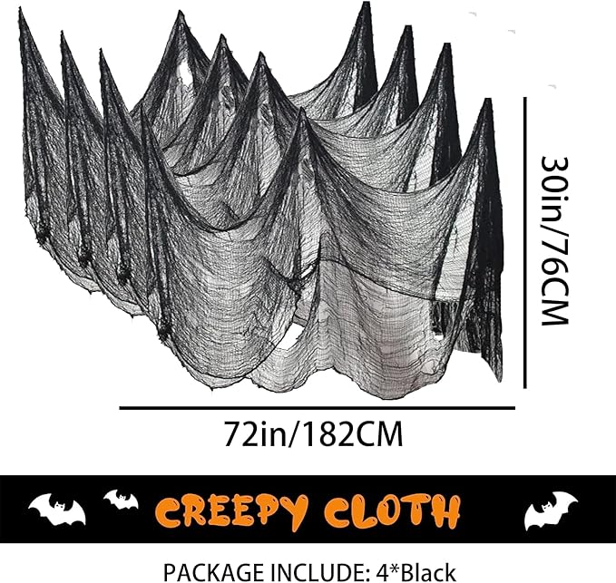 4 Pack Halloween Creepy Cloths, Scary Spooky Cloth Creepy Gauze, 30 x 72inch Freaky Loose Weave Creepy Cloth, Decorations for Haunted Houses Props Halloween Wall Outdoor Indoor Decor (Black)
