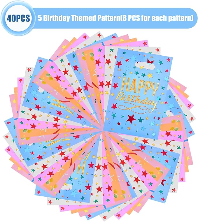 GOMANCHE 40-Pack Happy Birthday Party Favor Bags 9.4 x 6.3 Inch - Colorful Reusable Goodie Gift Bags for Kids, Girls & Boys Birthday Parties, Baby Showers & Special Events