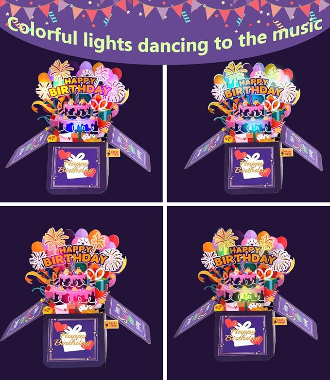 Magic Ants 3D Musical Birthday Card with Lights – Pop Up Gift Box Design, Plays “Happy Birthday” Song, Includes Envelope and Note Cards – Fun Greeting for Kids, Adults, Friends