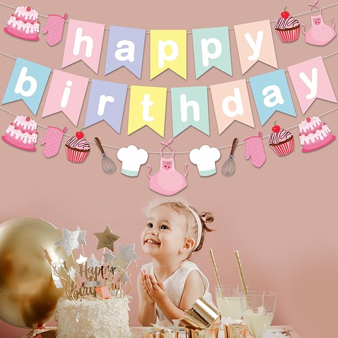 Zwiebeco Baking Happy Birthday Party Decoration Colorful Pink Banner Hanging Paper Garland Bunting Sign for Kids Girls Bake Themed Accessories Supplies