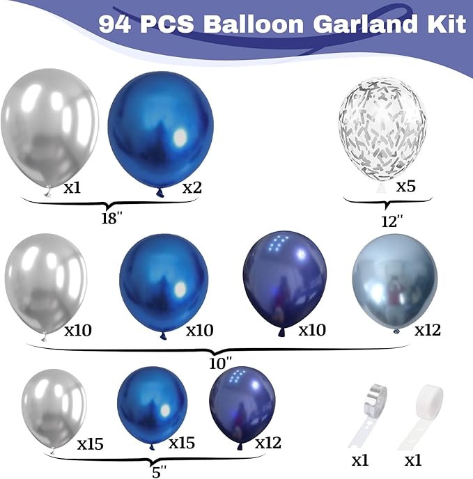 Blue and Silver Balloon Arch Kit, Navy Blue Dark Blue Silver Balloon Garland with Metallic Royal Light Blue Silver Confetti Latex Balloons for Boys Birthday Wedding Graduation Party Decorations