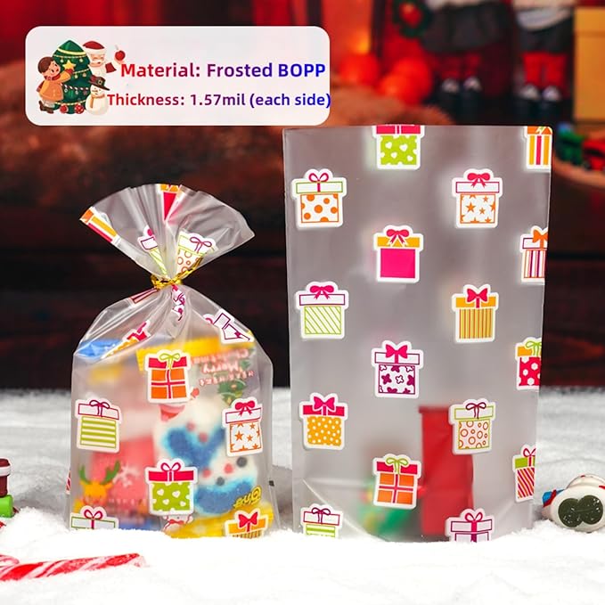 FERENLI 50 Pack Matte Cellophane Treat Bags with Twist Ties Plastic Goodie Bags for Gift Wrapping Birthday Party Favor Candy Cookie Food Storage Packaging (6.3x9.4 inch (16x24 cm))