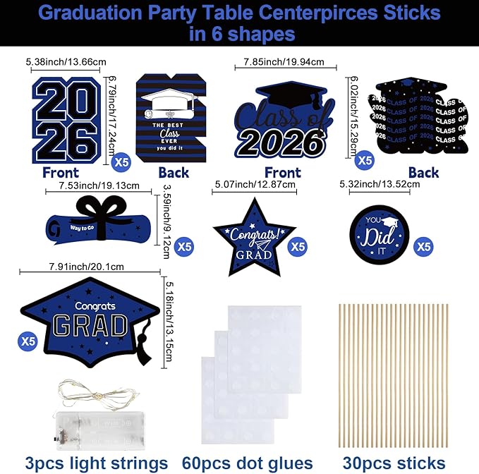 OuMuaMua Graduation Decorations Class of 2026-30pcs Blue and Black Graduation Table Centerpieces Sticks Table Toppers with Lights for College High School Congrats Grad Party Supplies