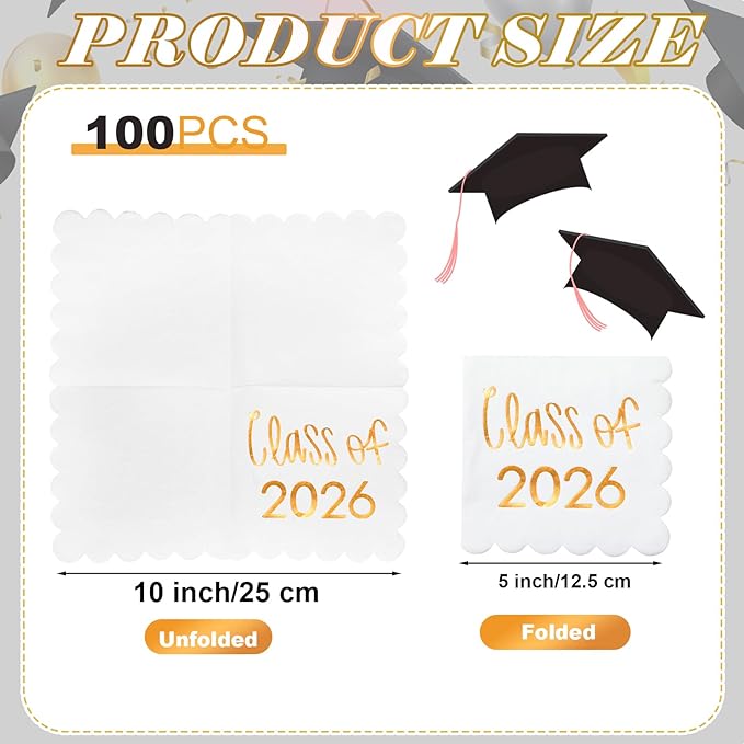 100 Pcs Class of 2026 Graduation Cocktail Napkins 5 x 5 Inch Congrats Grad Scalloped Paper Napkins for Dinner Beverage Graduate Decorations(Orange)