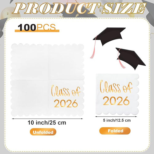 100 Pcs Class of 2026 Graduation Cocktail Napkins 5 x 5 Inch Congrats Grad Scalloped Paper Napkins for Dinner Beverage Graduate Decorations(Orange)