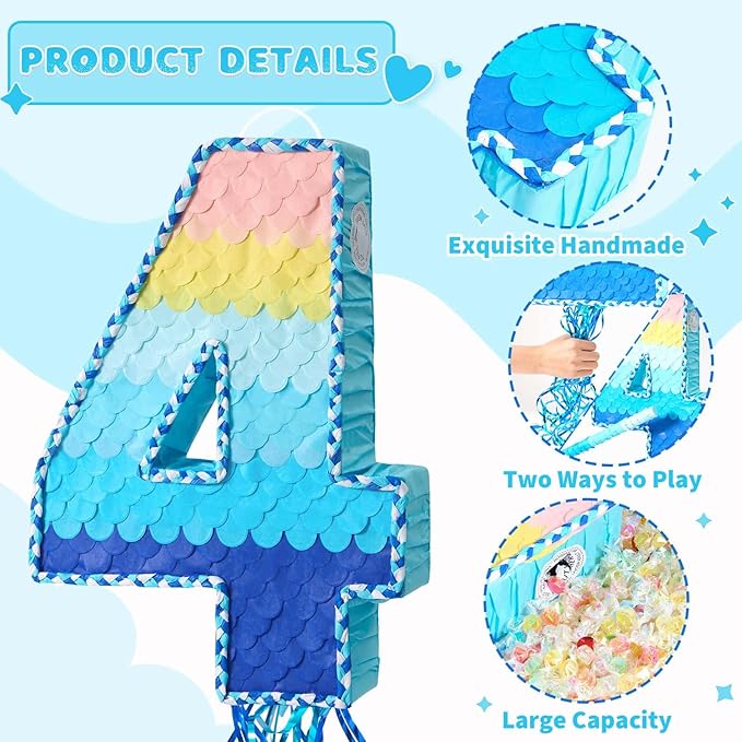 WERNNSAI Number 4 Piñata - Ombre Blue Number Piñata with Blindfold Stick Birthday Party Game for Kids Boys Girls 4th Birthday Party Decorations （16.3" x 11.6" x 3")