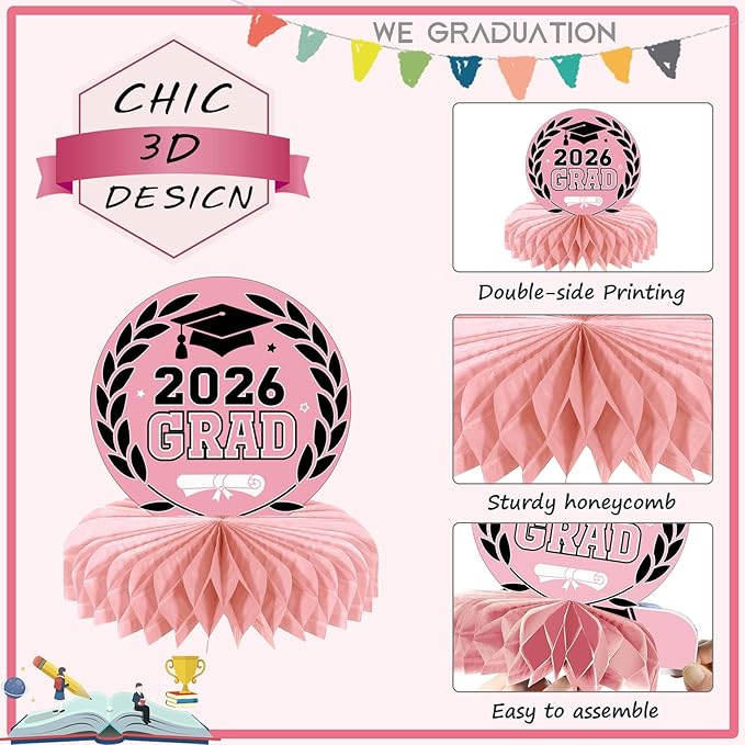Yisong 9 Pieces 2026 Graduation Party Table Decorations Class of 2026 Congrats Graduation Centerpieces for Tables Congratulate Honeycomb Centerpiece Topper for Grad Party Supplies (Pink, Black)