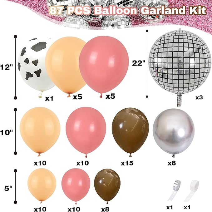Cow Print Balloon Arch Kit, Dusty Pink and Brown Nude Balloon Garland Farm Cowgirl Western Balloons with Disco Ball Balloons for Rodeo Birthday Party Decorations Wild West Bachelorette Cowgirl Party
