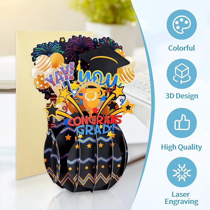 FaCraft Pop Up Graduation Card 2026 - Yay You Did It 7.8x5.5 3D Honeycomb Centerpiece Happy Graduation Greeting Cards with Golden Envelope & Seal, Congrats Grad Card for High School College PHD Master