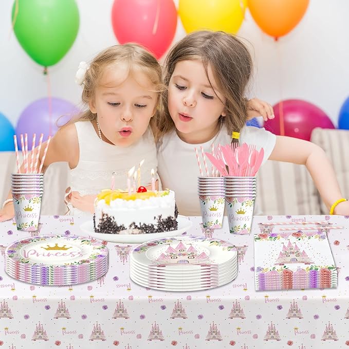 Princess Party Decorations Tableware - Princess Birthday Party Supplies Include Plates, Cups, Napkins, Tablecloth, Cutlery, Straw, Girl Birthday Baby Shower Party Decorations | Serve 24