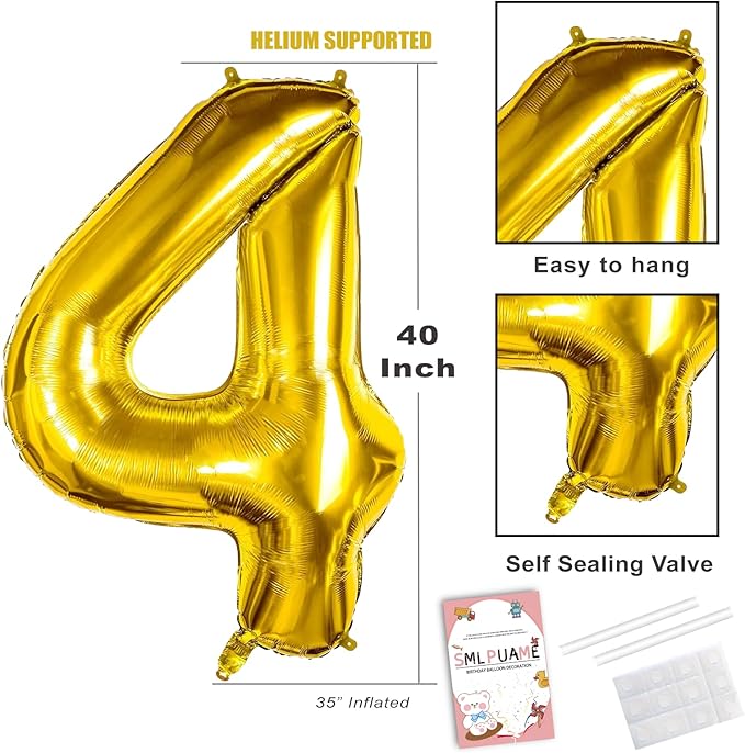 Smlpuame 40 inch Number Balloon 0-9 Gold Large Number 4 Balloons,Digital Balloons for Birthday Party Celebration Decorations Supplies, Helium Foil Number Balloons for Wedding Anniversary