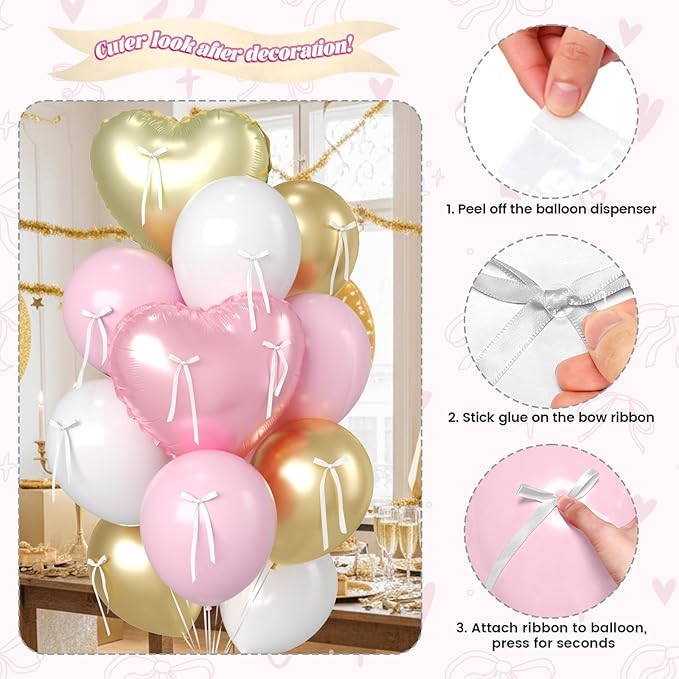 16Pcs Pink and Gold Heart Balloons, 38 Inch Pink Bow Balloon, Champagne Gold Pink White Balloon and Bow Heart Shaped Foil Balloons for Birthday Wedding Bridal Baby Shower Valentines Day Decorations