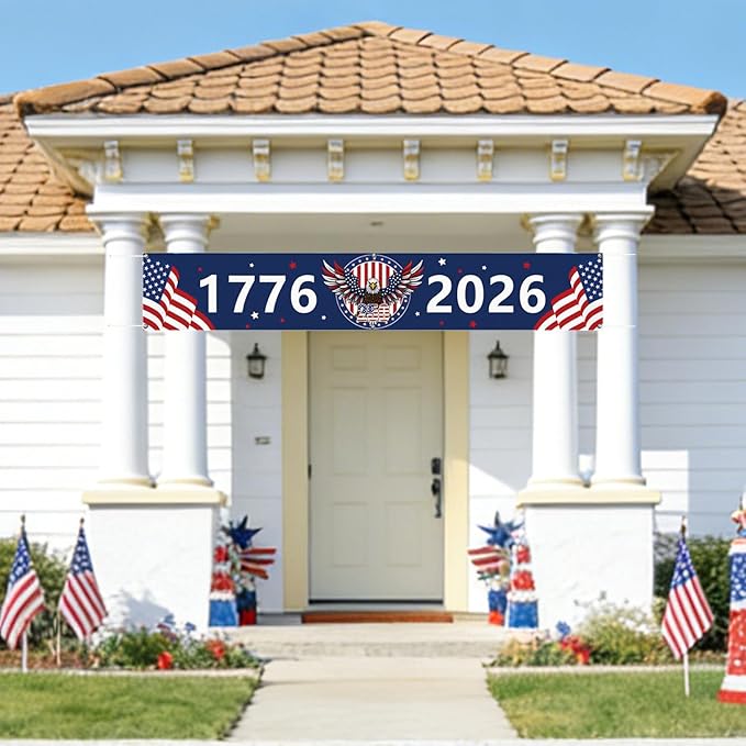 250 Year Anniversary USA Banner Flag 2x10 Ft, 4th of July Decorations 1776-2026 Freedom 250 Years Birthday Patriotic Party Supplies Decorations for Outdoor, Indoor,Garden, Porch (BLUE B)