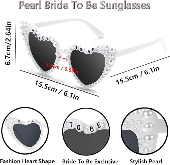 3PCS Glitter Silver Bride To Be Sash and Veil Bride Heart Pearl Sunglasses for Bachelorette Bridal Shower Engagement Party Favors Accessories