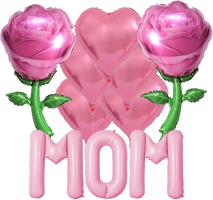 Pink Mom Balloons Pink Heart Rose Mother's Day Balloons Party Balloons for Mother's Day Decoration Party Decorations Theme Supplies Balloon Sets-10 PCS