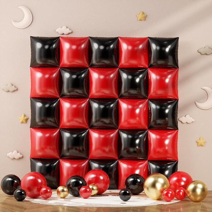 Black and Red Checkered Square Foil Balloons Backdrop Wall, Double Sided Tunnel with Black Red White Balloon Arch Garland Kit for Racing Car Birthday New Year Party Decor